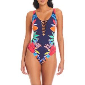 Women’s Bleu By Rod Beattie Navy Tropical Floral Lace Up Plunging Swimsuit — 6